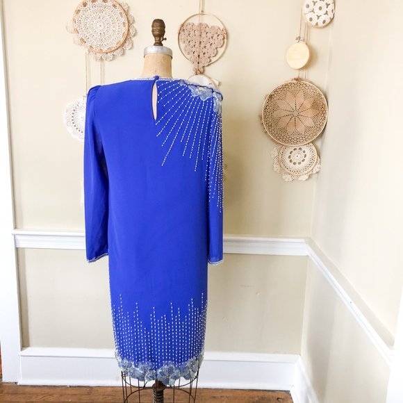 SOLD Vintage 1980s Blue Beaded Sequin Shift Dress - Picture 3 of 7